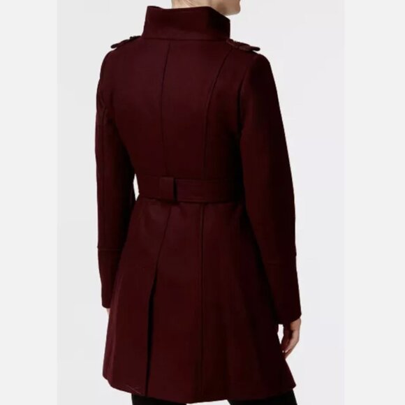 NWT GUESS Asymmetrical Belted Wrap Coat Maroon / Wine Wool Blend - Picture 7 of 14